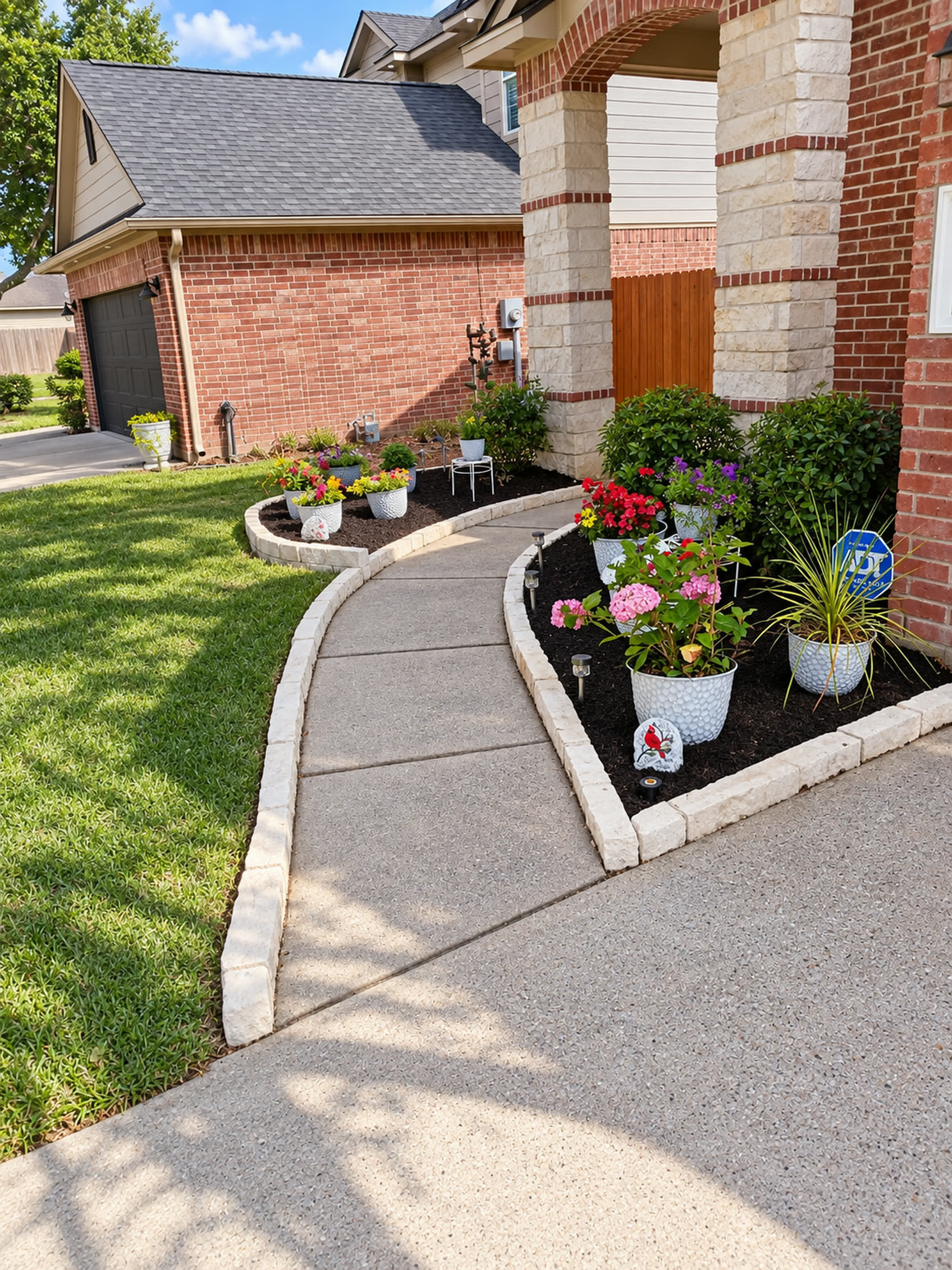 Curved front walkway bordered by freshly mulched flower beds and potted flowers